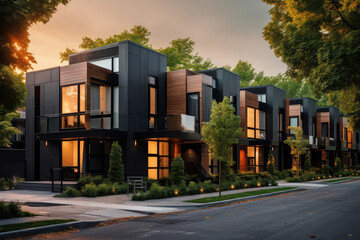 The modern urban living, this image showcases modular black townhouses with a focus on contemporary residential architecture and sleek exterior concepts.