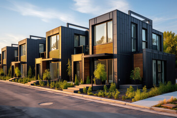 Fototapeta na wymiar The modern urban living, this image showcases modular black townhouses with a focus on contemporary residential architecture and sleek exterior concepts.