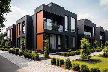 The innovative approach to modern townhouse design, showcasing modular construction, elegant black exteriors, and a sophisticated residential architecture concept.