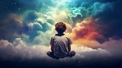 A boy sits on a cloud with a rainbow above him. Concept: rainbow children, aura, new children. - obrazy, fototapety, plakaty