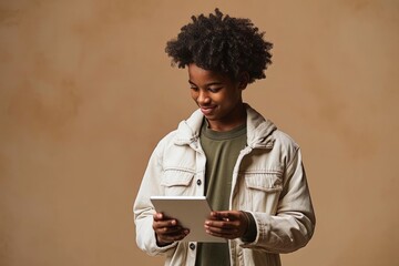 Young happy cool curly African American teenager student boy wearing white jacket holding pad using digital tablet computer technology browsing, elearning standing isolated on beige, Generative AI  - obrazy, fototapety, plakaty
