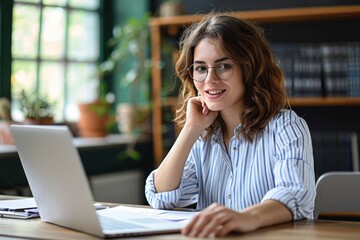 Young happy professional business woman online teacher or tutor sitting at work desk talking to student on video call teaching remote class, leading webinar or distance web meeting, Generative AI  - obrazy, fototapety, plakaty
