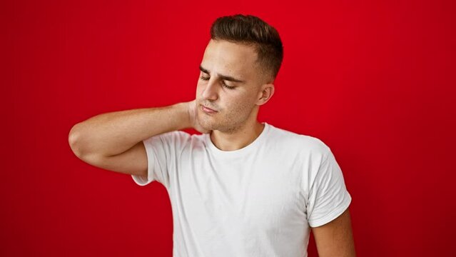 A young man in a white shirt grimacing and holding his neck against a red isolated background, depicting pain or discomfort.
