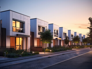 Fototapeta na wymiar The beauty of modern modular townhouses, showcasing elegant residential architecture with a contemporary urban twist. Perfect for city living enthusiasts.