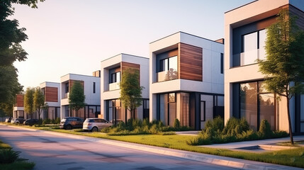 The allure of chic urban lifestyle with these sophisticated and private townhouses, featuring sleek modern architecture in a dynamic neighborhood. - obrazy, fototapety, plakaty