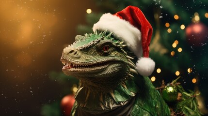  a close up of a toy dinosaur wearing a santa hat with a christmas tree in the back ground behind it.