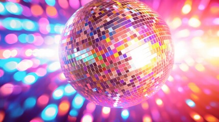  a disco ball is shown in front of a brightly colored background with a burst of light coming from the center of the ball.