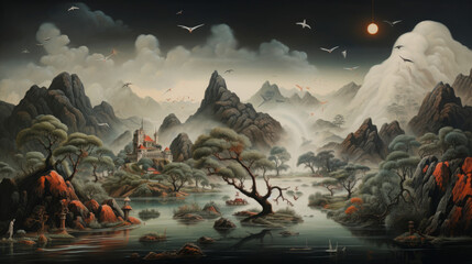 Exquisite classic Chinese landscape c serene scene with misty mountains, lush ancient trees, a traditional pagoda nestled among rolling hills with cranes and a tranquil lake. Traditional oriental art - obrazy, fototapety, plakaty