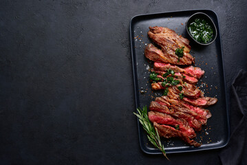 Grilled marbled beef steak. Top view with copy space.