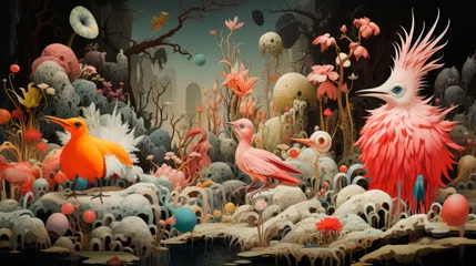 Foto op Canvas Surreal illustration of fantastical creatures and characters in an otherworldly forest surrounded by vibrant birds and unique flora.Ancient civilization and lost worlds © stateronz