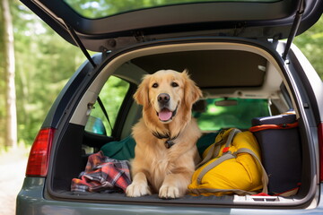Golden Retriever in the back of a car