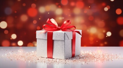  a white gift box with a red ribbon and a bow on a table with a boke of lights in the background.