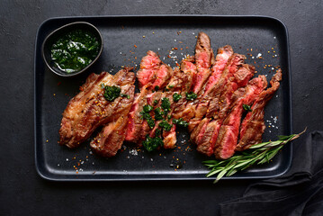Grilled marbled beef steak. Top view with copy space.