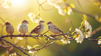 Flock of birds are singing happily on the branches of a tree with spring flower blossoms and sun...