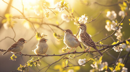Flock of birds are singing happily on the branches of a tree with spring flower blossoms and sun light , spring season background