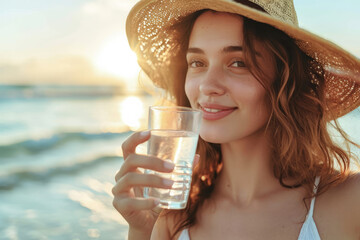 Hydration concept image with young beautiful girl drinking a glass of water on the beach on hot sunny summer heatwave day - Powered by Adobe