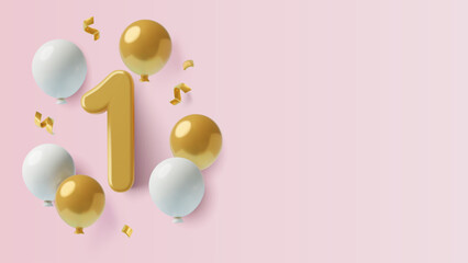 3D number 1 with balloons and confetti on pink background with copy space. First baby girl's birthday or one year anniversary three dimensional vector illustration. - obrazy, fototapety, plakaty