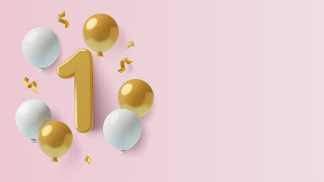 3D number 1 with balloons and confetti on pink background with copy space. First baby girl's birthday or one year anniversary three dimensional vector illustration.