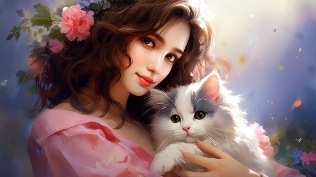  a painting of a woman holding a cat with a flower crown on her head and a flower in her hair.