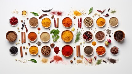  a white table topped with bowls filled with different types of spices and seasoning next to spoons filled with different types of spices.