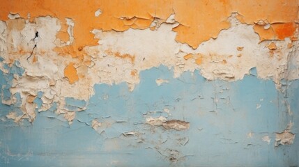  a rusted wall with peeling paint and a blue and orange paint chipping off the side of the wall.
