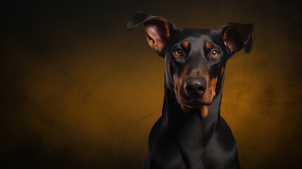  a close up of a dog's face on a black background with a yellow spot in the middle of the image.