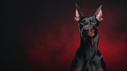  a black and brown dog standing in front of a red background with a red spot on it's face.
