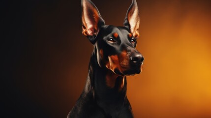  a black and brown doberman standing in front of a yellow and orange background and looking at the camera with a serious look on his face.