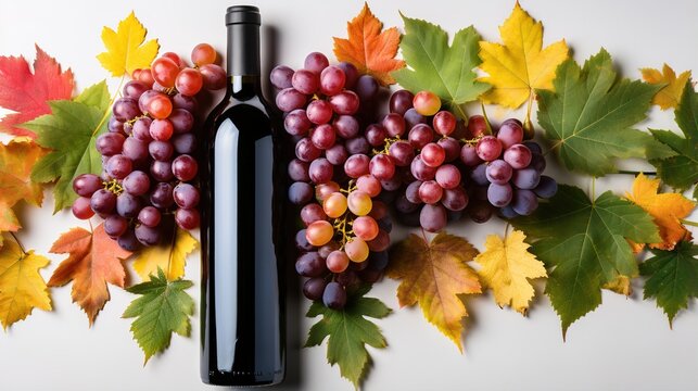A bottle of red wine with red and green grapes and fall leaves