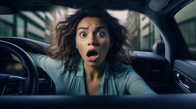  a woman sitting in a car with a surprised look on her face as she holds her head out of the window.