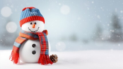  a snowman wearing a red and blue hat, scarf, and a red and blue scarf with a pine cone.