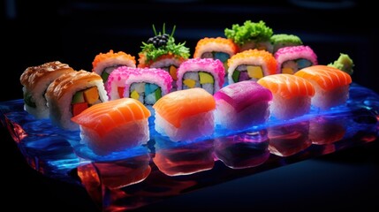  a row of sushi rolls sitting on top of a blue plastic tray with sushi on top of it.