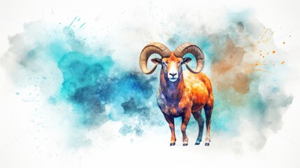  a watercolor painting of a ram standing in front of a blue and yellow cloud of smoke and smudges. - obrazy, fototapety, plakaty