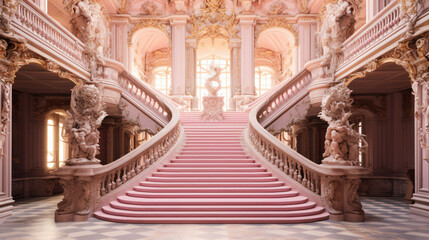 a pink royal palace with stairs