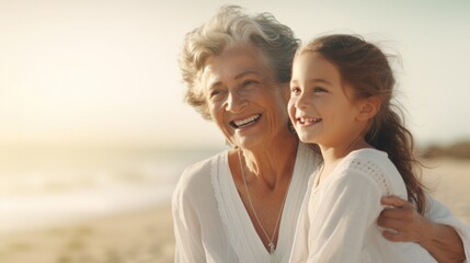  an older woman and a young girl standing on a beach with the sun shining on the ocean in the background.