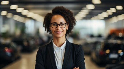 Confident young businesswoman standing in a car dealership