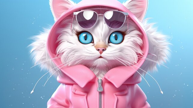  a white cat with blue eyes wearing a pink hoodie and a pair of sunglasses on it's head.