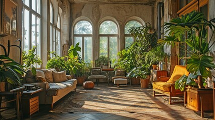 Fototapeta na wymiar interior of living room including couches and green houseplants...