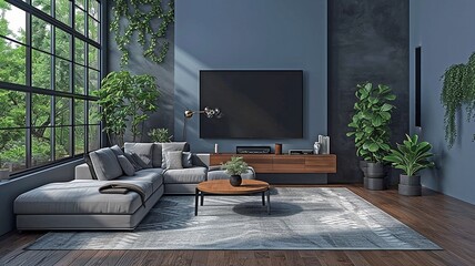 Interior of a modern living room including a sofa, floor lamp, smart TV, and potted plant... - obrazy, fototapety, plakaty