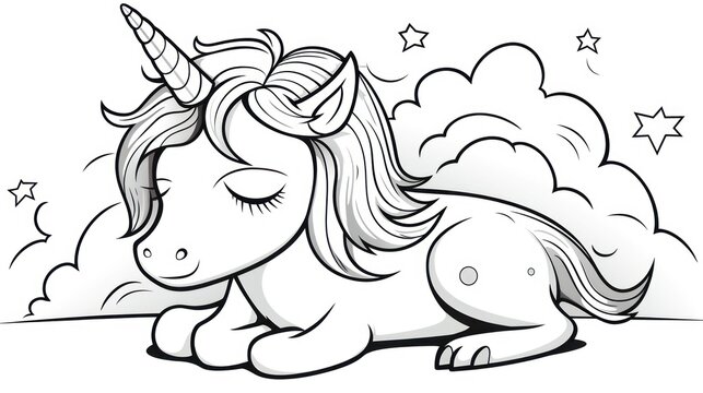  a black and white drawing of a unicorn laying on its back with its eyes closed and stars in the background.