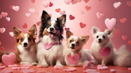  a group of dogs sitting next to each other in front of a pink background with lots of hearts on it.