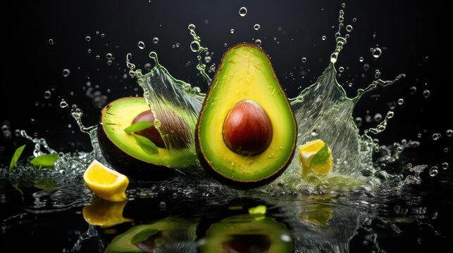  an avocado splashing into the water with a slice of lemon on the other side of the image.