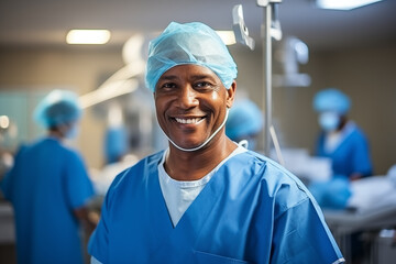 man doctor in a turquoise coat in a hospital