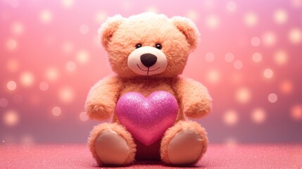  a teddy bear holding a pink heart sitting in front of a pink and pink wall with stars in the background.