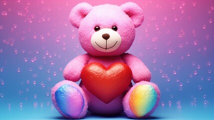  a pink teddy bear holding a rainbow heart on a blue and pink background with pink and purple stars around it.