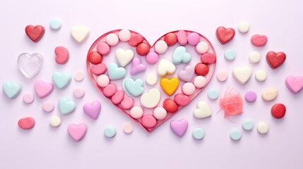  a heart shaped box filled with candy hearts on top of a pink background with a few hearts scattered around it.