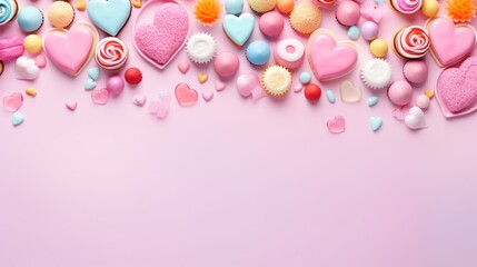 a pink background with lots of different candies and lollipops in the shape of hearts and lollipops.