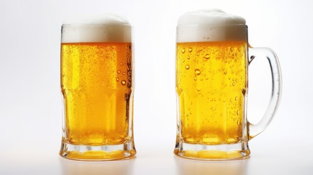  two mugs of beer sitting next to each other on top of a white table with water droplets on the glass.