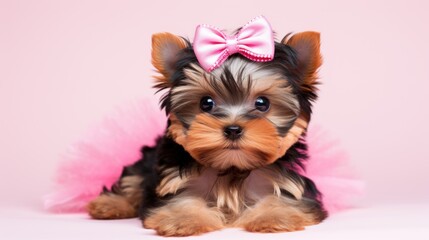  a small dog with a pink bow on it's head sitting in front of a pink and white background.