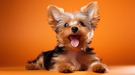  a small dog with it's mouth open sitting on an orange background with it's tongue hanging out.